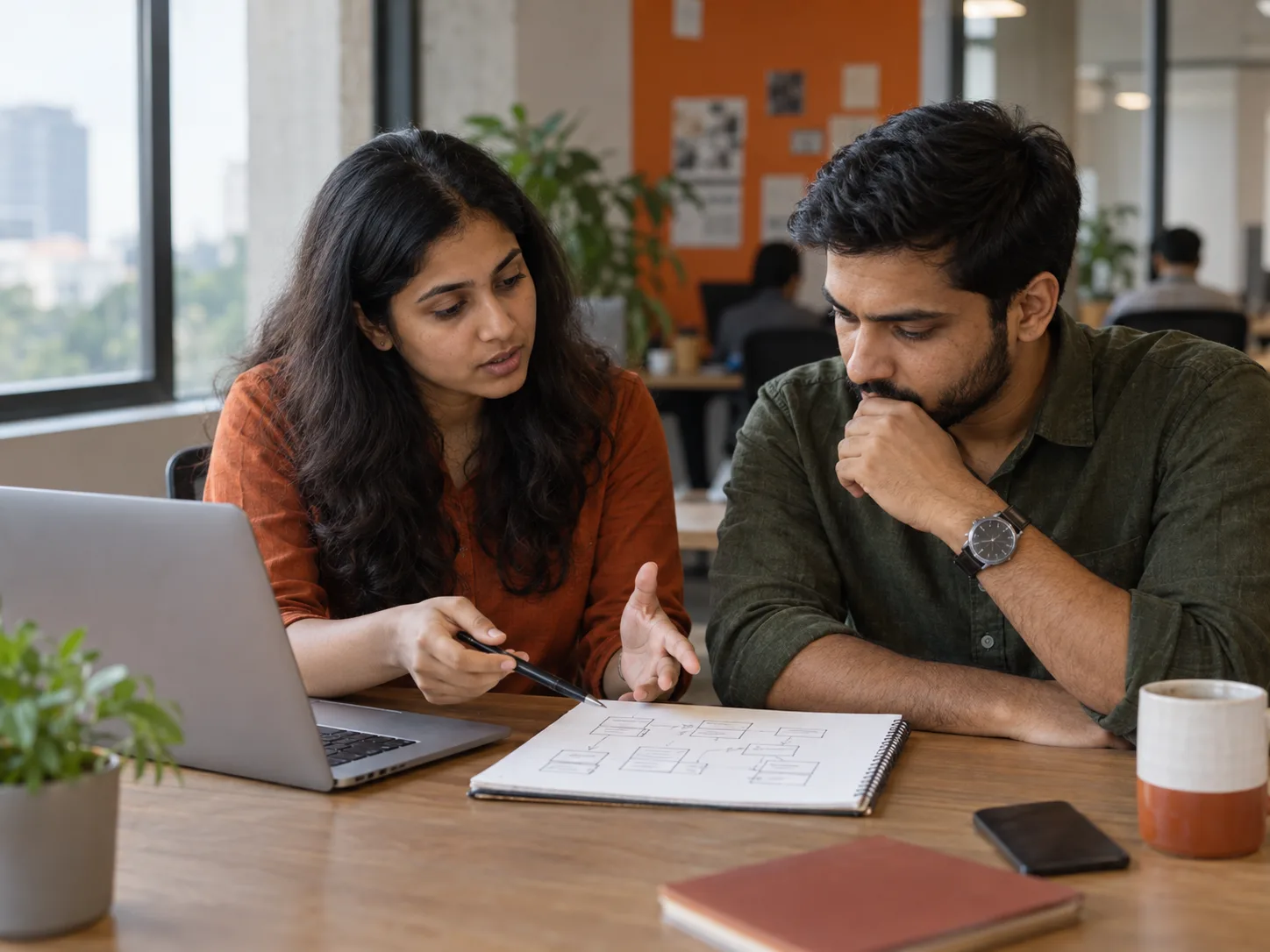 Two engineers sketching a system design together at a laptop