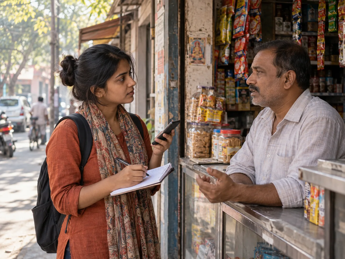 Indian reporter checking a local story with a neighbourhood source