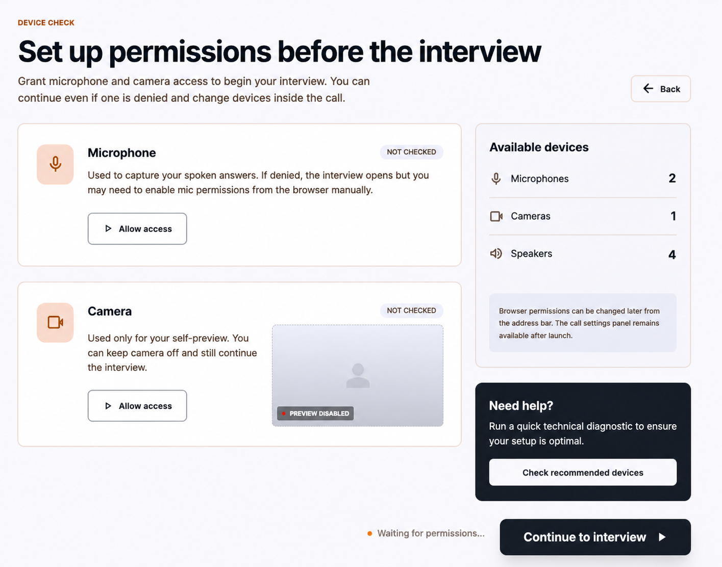 Microphone, camera, and speaker permission check screen